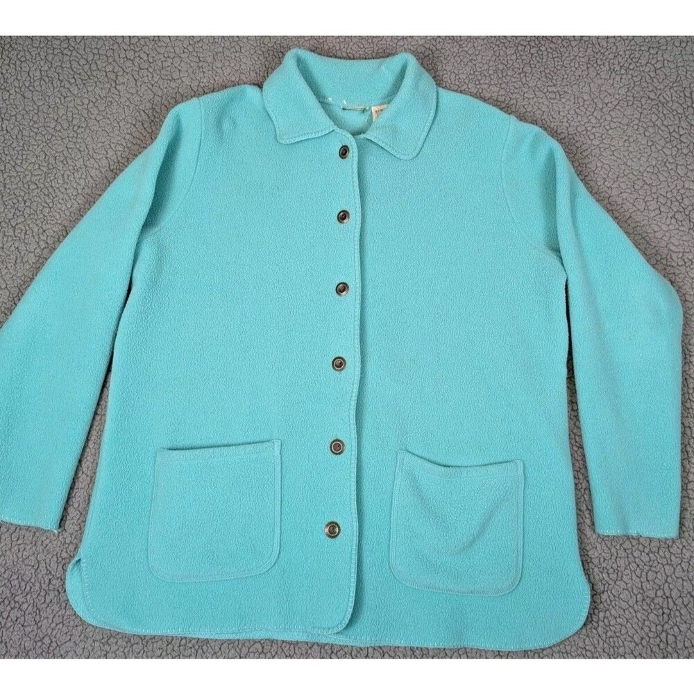 Vintage L.L.Bean Button Jacket Womens Large Pockets Aqua Fleece Long Sleeve